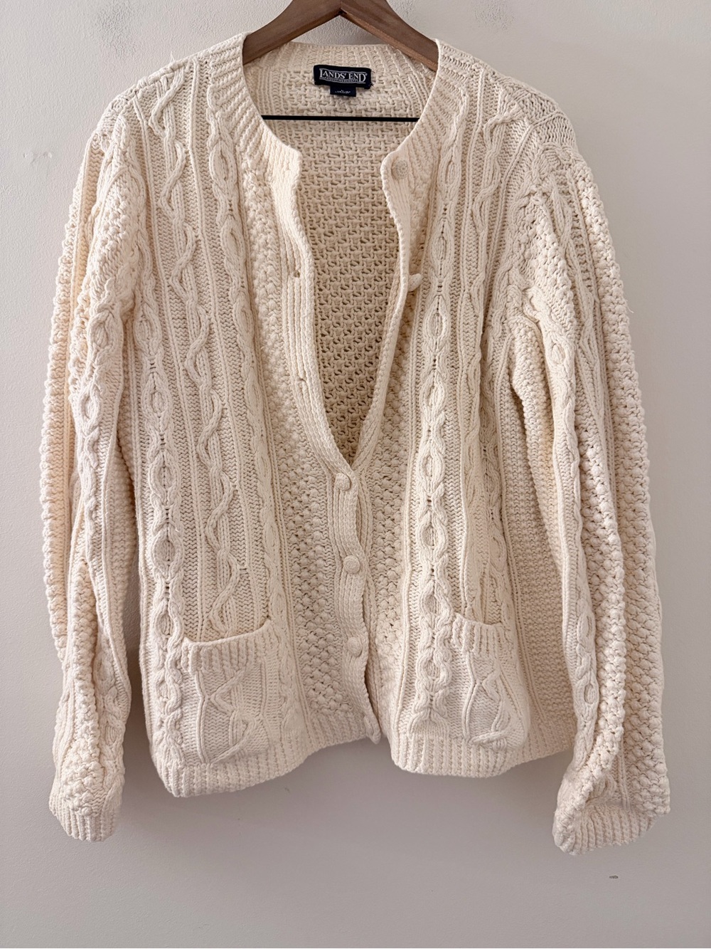 Lands' End Ivory Cable Knit button down Cardigan L 14-16
